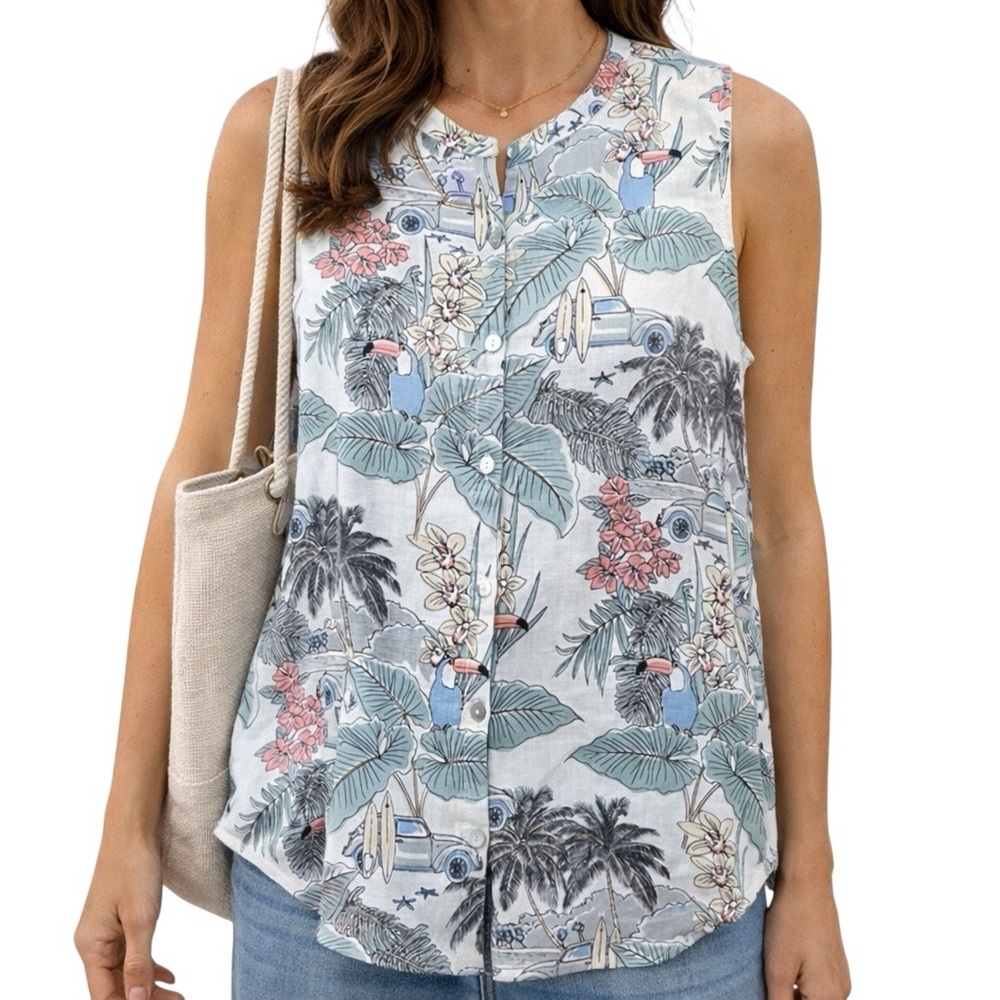 C&C California Tropical Linen Toucan Print Button Top Sleeveless XS